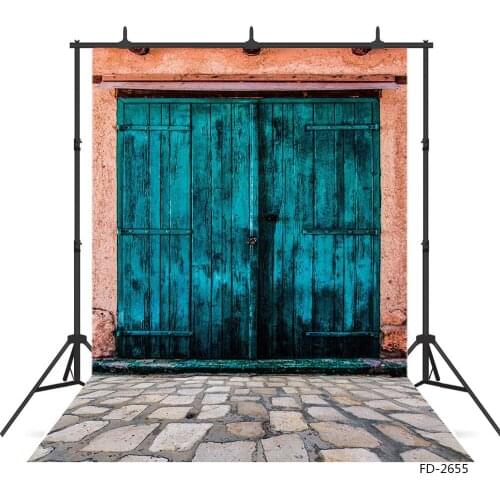 Pink Wall Blue Wooden Blue Door Photo Backdrop Computer Printed Backgrounds for Lovers Children Portrait Photography Props