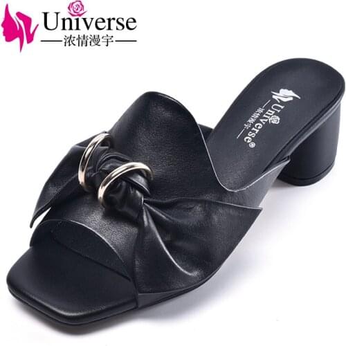 Universe bow slippers ladies 5cm high heel shoes summer sandals genuine leather slippers for women H072