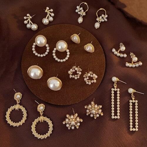 VSnow Korean Fashion Love Heart Flower Pearl Dangle Earings for Women Elegant Geometrical Rhinestone Earings Party Jewellery