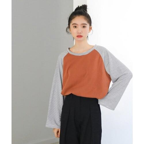 2021 Spring Autumn New Women Casual T-shirt Korean Stripe Long Sleeve Patchwork Loose T Shirt Woman Tops