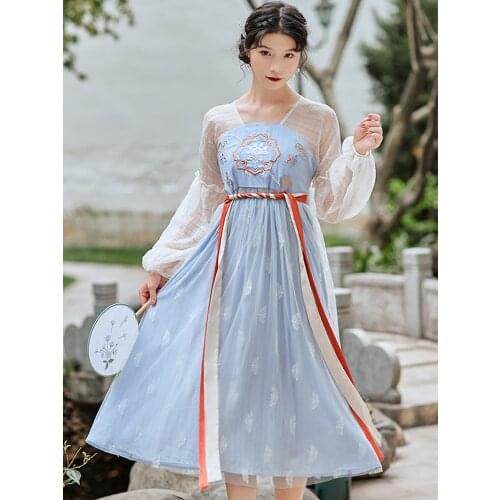 Summer New Style Chinese Style Womens Dress With Chinese Elements Lantern Sleeves Retro Literary Embroidery Mid-Length Dress