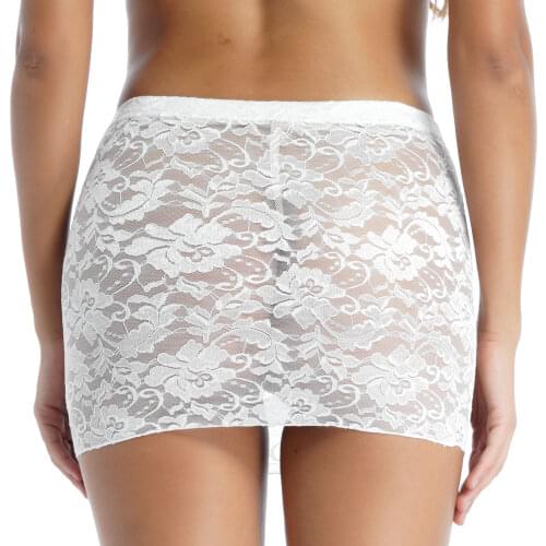 Womens See-through Lace Lingerie Skirt with Flower Pattern Mid Waist Elastic Waistband Sheer Lace Miniskirt Club Bar Costume