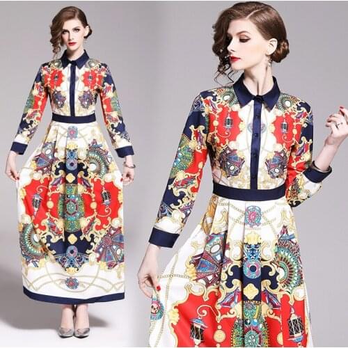 2019 Spring Summer Fall Runway Vintage Floral Print Collar Long Sleeve Women Lady Party Casual Empire Waist Luxury Maxi Dress