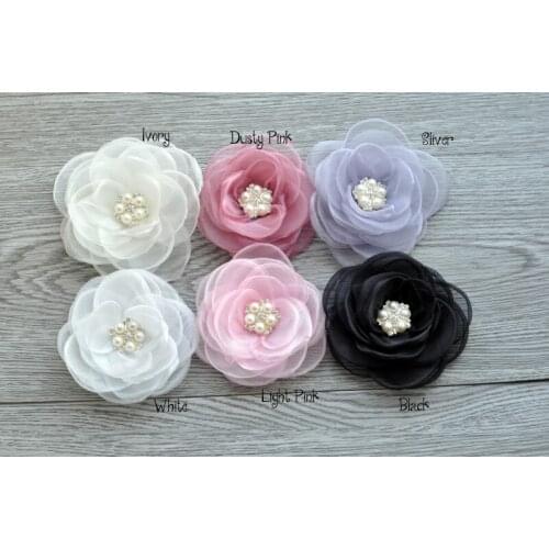 50pcs/lot 4.3" 6colors Newborn Gauze Layered Flower+Rhinestone For Baby Girls Hair Accessories Rose Fabric Flowers For Headbands