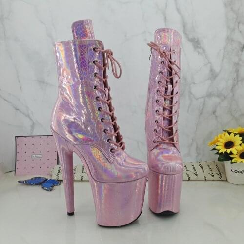 Leecabe Pink holo snake 20CM/8inches High Heel platform Boots closed toe Pole Dance boots