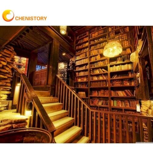 CHENISTORY 5D Diamond Painting Library Landscape Cross Stitch Kit Full Diamond Embroidery DIY Mosaic Art Picture of Rhinestones