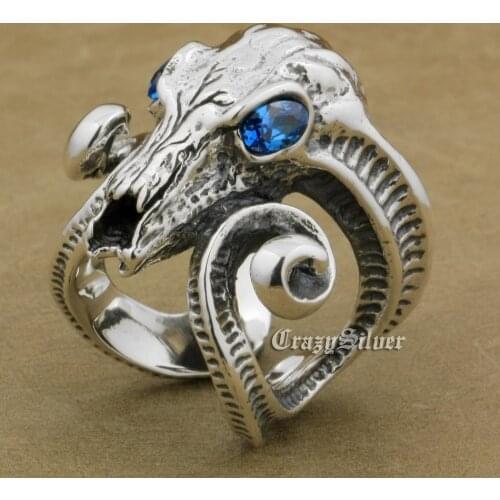 CZ Eyes 925 Sterling Silver Large Ran Skull Horn Aries Ring Mens Biker Rocker Punk Ring 8EX03 US Size 8 to 12