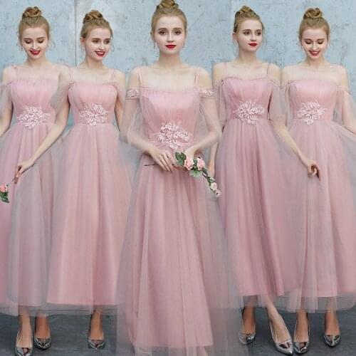 Cheap Long Tulle Illusion Dust Pink Bridesmaid Dresses 2019 A-Line Spaghetti Strap Formal Party Prom Dresses with Appliques