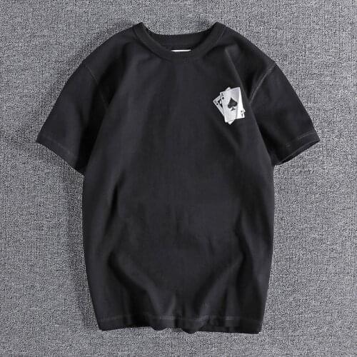 Poker print short sleeve t-shirt mens heavy weight ground wool thick solid cotton round neck fashionable summer top shirt 238