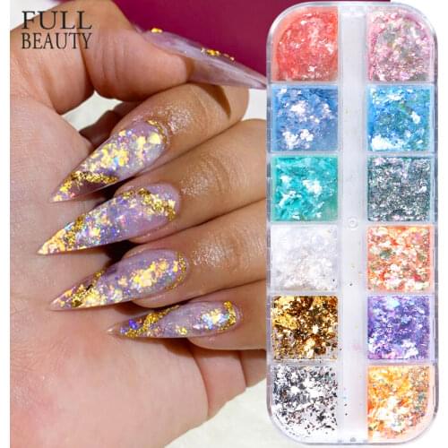 12 Grids Gradient Opal Aurora Nails Flakes Powder Holographic Shimmer Paillettes Dust Winter Ice Effect Decoration Glitter CHOBW