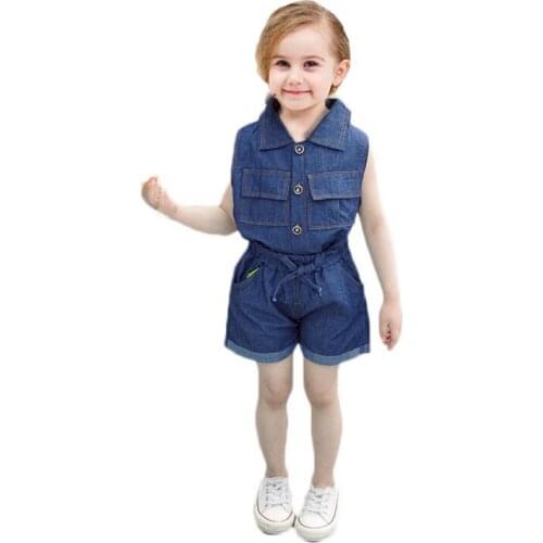 Imcute Kids Baby Girls Fashion Outfit Set Sleeveless Lapel Top+Denim Shorts Set Summer Baby Clothes