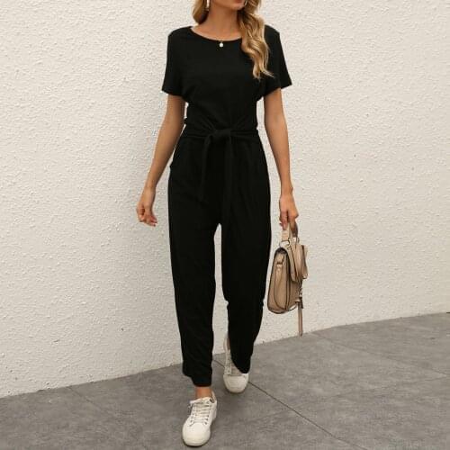 Jumpsuits Womens Solid Bandage Short Sleeve O-neck Pocket Pants Bodysuit Jumpsuit Romper Jumpsuit Комбинезон Женский @40