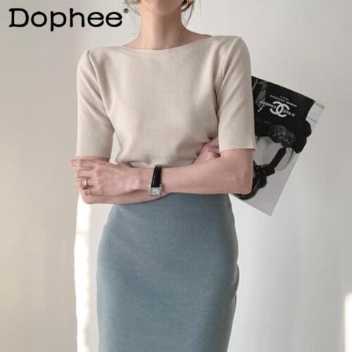 Korean Style Retro Ice Silk Top Half Sleeve Pullover Knitted Tshirt Womens Thin Short Slim Bottoming T-shirt Solid Color Tee