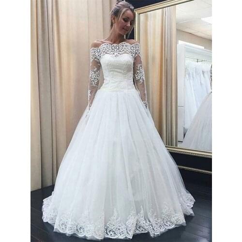 Off The Shouler Long Sleeves Lace Appliques Wedding Dresses 2019 Full Lace A Line Muslim Plus Size Bridal Party Gown