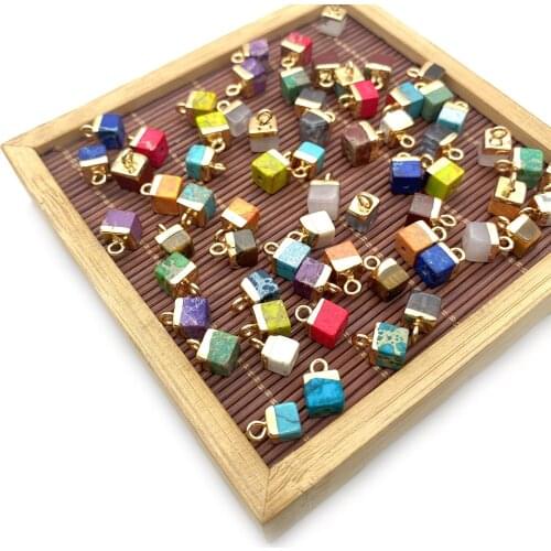 Natural Stone Pendant Cube Bottom Perforated Multi-color Electroplating Fashion Pendant Jewelry Making Necklace Accessories