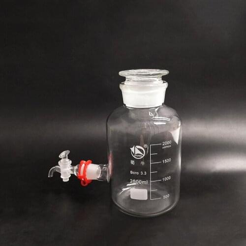 Laboratory aspirator bottle 2500ml,Wide mouth,Clear with tick marks,With ground-in glass stopper and stopcock