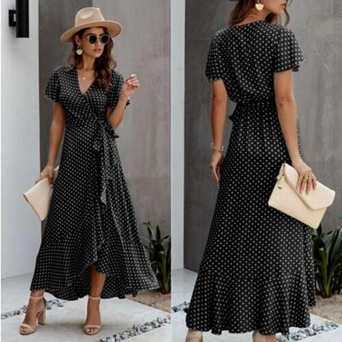 Summer Dress Womens Polka Dot Print V Neck Ruffles Short Sleeve Beach Sundress Long Maxi Dresses For Woman Vestidos Femme Robes