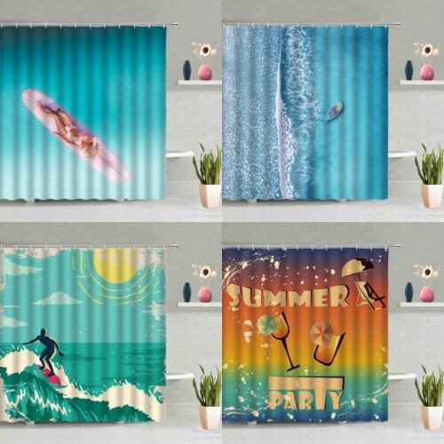 Summer Ocean Beach Shower Curtain Sexy Woman Palm Tree Plants Surfboard Truck Boat Scenery Bathtub Decoration Screen Washable