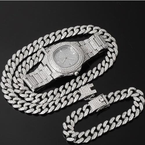 D&Z Cuban Chain Watch Set Necklace& Watch & Bracelet Hip Hop Gold Iced Out Paved Rhinestones CZ Bling Rapper For Men Jewelry