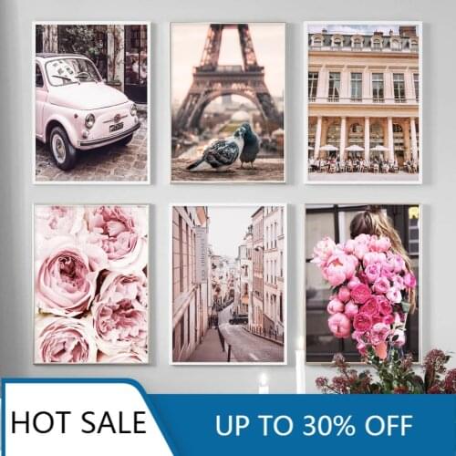 Pink Rose Flower Paris Tower Pigeon Car Wall Art Canvas Painting Nordic Posters And Prints Decor Pictures For Home Decoration