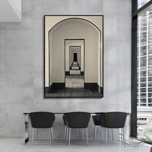 Nordic Black White space building corridor wall art Canvas Painting posters Prints wall Pictures for Living Room Morden Decor