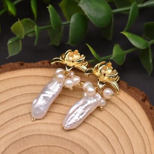 Original Natural Baroque Pearl Lotus Drop Dangle Earrings Handmade Fashion Jewelry for Women Girls Party Wedding Birthday Gifts