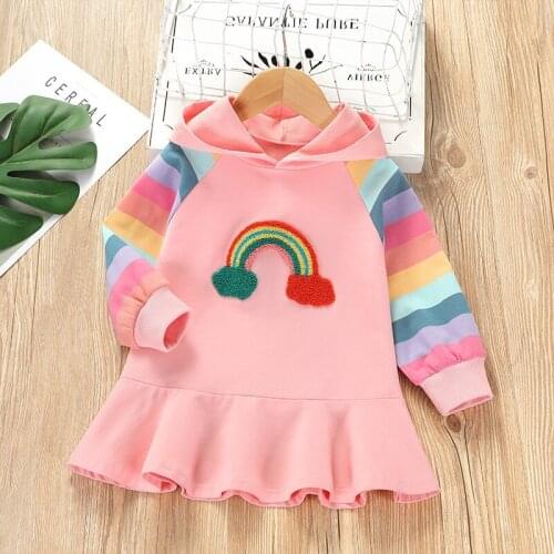 Girls Dress Spring Summer Autumn New Fashion Baby Clothes Rainbow Colorful Stripe Stitching Long Sleeve Hooded Ruffles Dresses