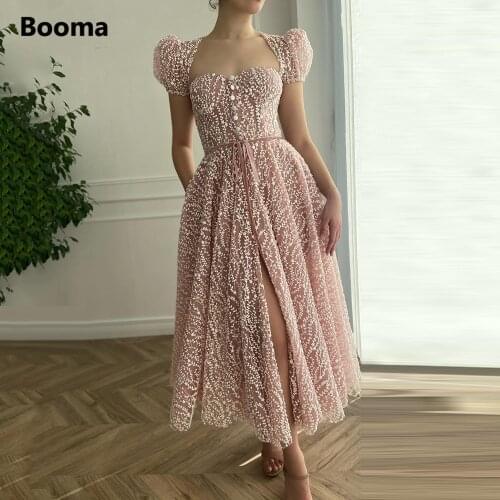 Booma Pink Full Lace Prom Dresses Short Sleeves Sweetheart Slit Tea-Length Prom Gowns with Belt Ribbons Wedding Party Dresses
