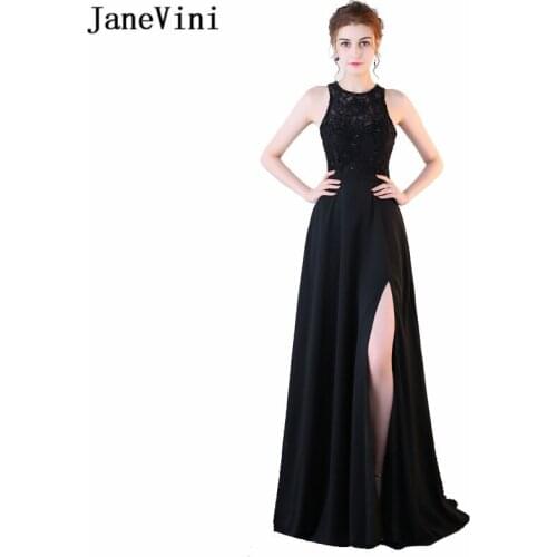 JaneVini Sexy Black Beading Bridesmaid Dresses A Line Chiffon High Split Backless Floor Length Formal Party Wedding Guest Dress