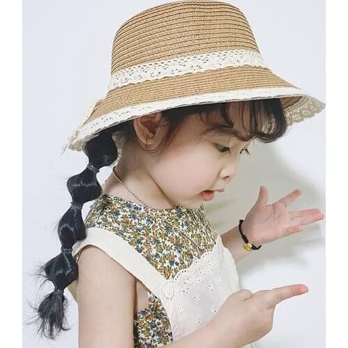 Leisure Lace Ribbon Bow Hat Childrens Straw Hats Outdoors Anti-UV Sun Hat For Girls Summer Beach Cap Panama Baby Hats New Cute