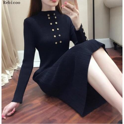 Long sweaters dress over the knee pullover sweaters dress female double breasted big swing pleated sweaters dress long sleeve