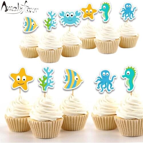 Under the Sea Theme Party Cupcake Toppers 18PCS Marine Creatures Animals Baby Kids Event Birthday Party Decorations Supplies