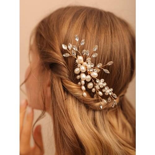 Vintage Gold Women Hairpieces Pearl Hair Clips Rhinestone Headpieces for Bride Hair Accessories Wedding Hair Comb Headdress