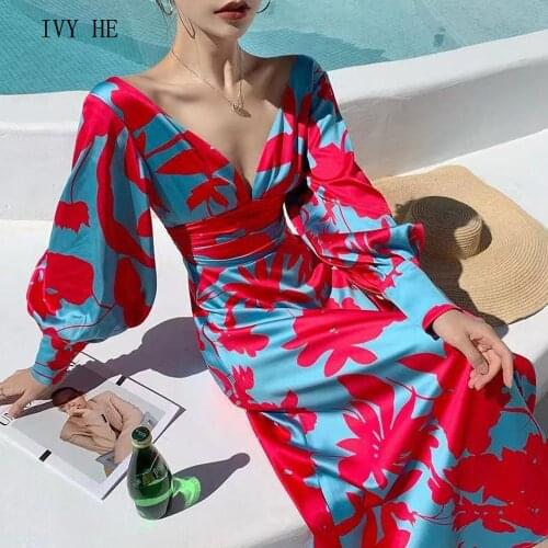 IVY HE High Quality Early Autumn Dress Woman Clothing Sexy Backless Bicolor Print Long Dress Traf ZAfu Vintage Party Dresses