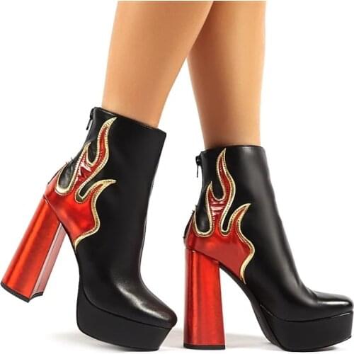 Womens Pointed Toe Flame Fire Platform Block Super High Heel 13CM Ankle Boots Shoes Back Zipper Motorcycle Punk Plus Size