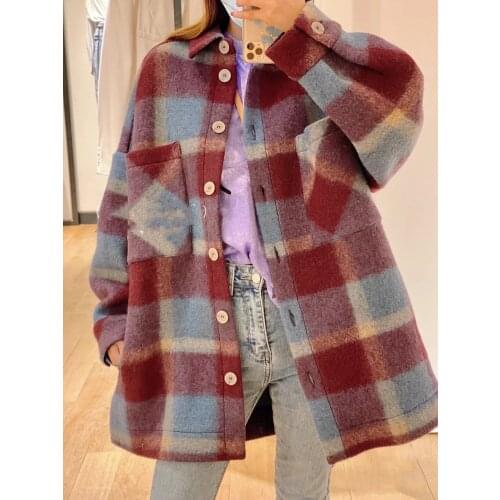 Women Jackets 2020 Autumn and Winter New Fashion Retro Plaid Drop Shoulder Side Slit Wool Blend All-match Jacket