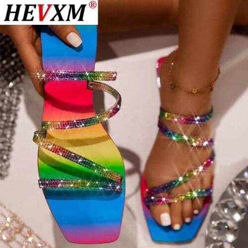 Womens Slippers Rhinestones Sandals Candy Color Ladies Bling Rainbow Flat Shoes Female Slides Flip Flops Summer Beach 2020