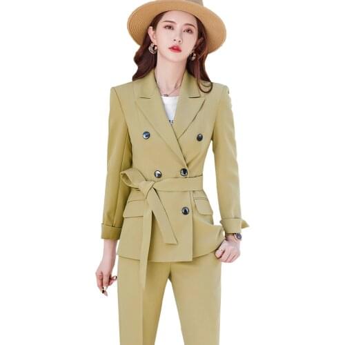 Spring Autumn Black Green Yellow Women Pant Suit With Sashes Office Ladies Jacket Blazer And Trouser Female Formal 2 Piece Set