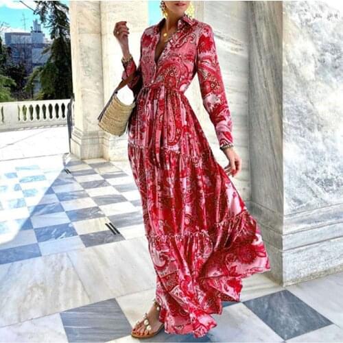 Autumn For Womens Long Sleeved Dresses Fashion Stand Up Collar Printing Folds Ruffled Mid Waist Lace Up Ladies Long Dress 2021