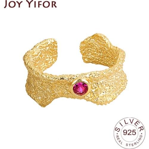 925 Sterling Silver Open Ring For Women Gold Wave Matte Red Zircon INS Trend Sweet Sexy Elegant Handmade Hip-hop Fashion Ring