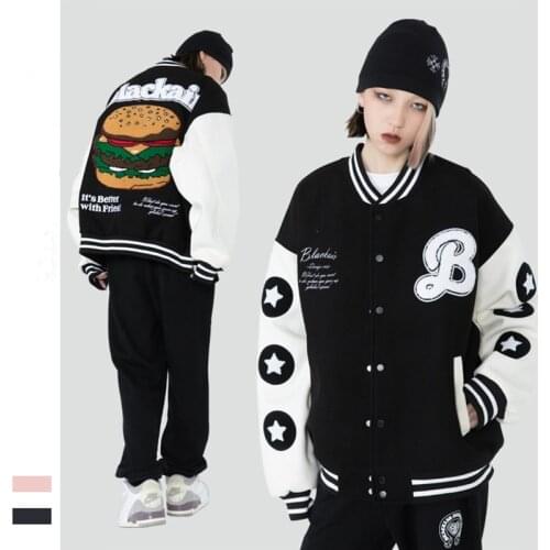 2021 Fashion Couple Coats Autumn and Winter Single Breasted Baseball Uniform Retro Fun Burger Embroidery Mens Varsity Jackets