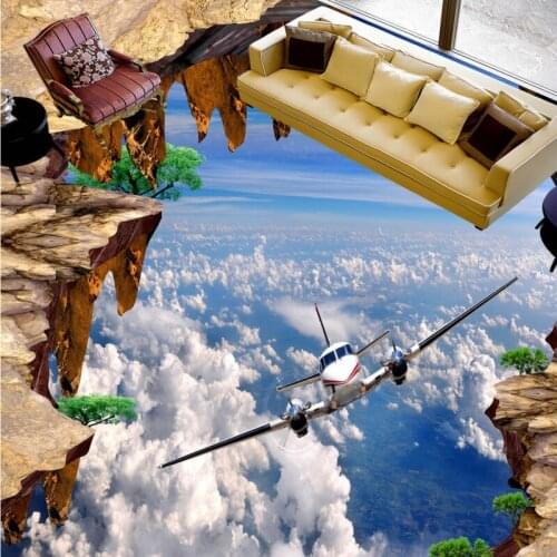 Free shipping Aircraft Cliff 3D painting waterproof home decoration children room bedroom floor mural self adhesive wallpaper