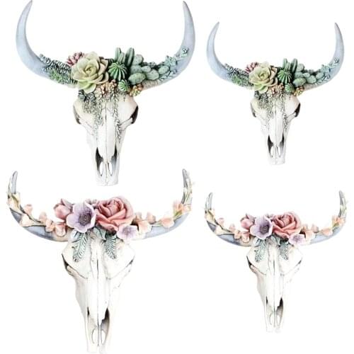 Rustic Longhorn Wall Sculpture 3D Succulents/Flowers Animal Head Figurines