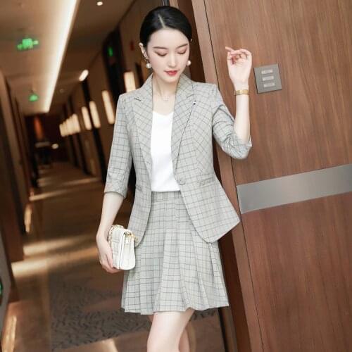 Elegant Plaid Half Sleeve Formal Professional Women Business Suits with Skirt and Tops OL Styles Office Ladies Career Blazers