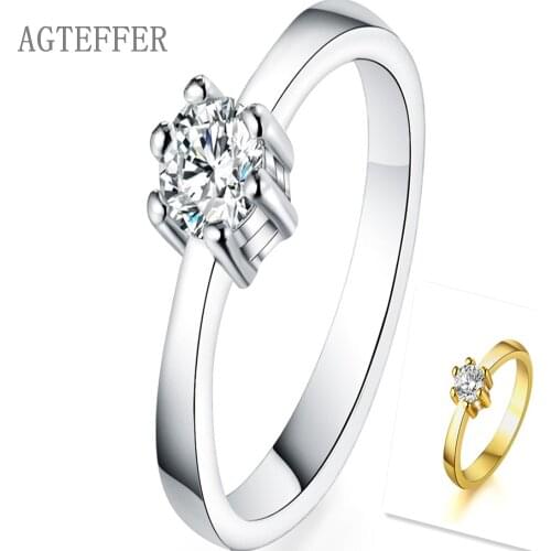 AGTEFFER 925 Sterling Silver/Gold AAA Zircon Six Claws Classic Ring For Women Fashion Wedding Party Gift Charm Jewelry