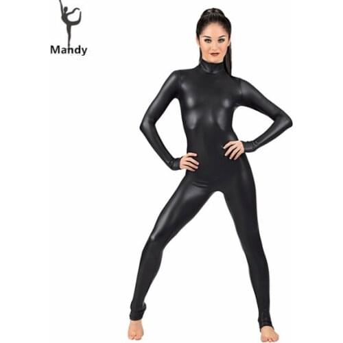 Spandex Full Lycra Zentai Bodysuit Turtleneck Long Sleeve Metallic Unitard Gymnastics Black Adult Shiny Catsuit Dance Wet Look