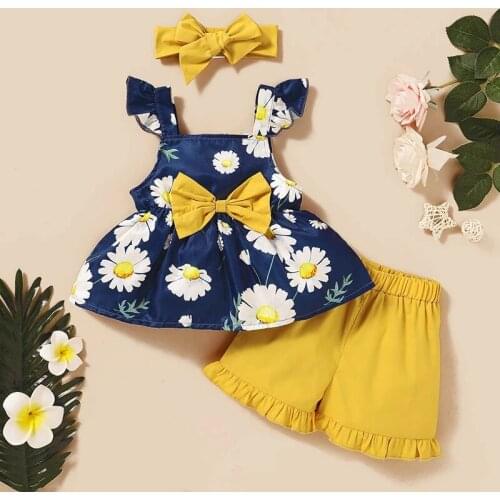Baby Girl Clothes Set Summer Fashion Cute Cotton Infant Print Sling Vest And Shorts 2Pcs Outfits Cute Newborn Baby Bowknot Suits