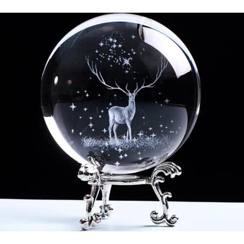 80mm Crystal Wapiti Ball Miniature 3D Laser Engraved Glass Ornament Globe Crystal Craft Decorations for Home Birthday Gift