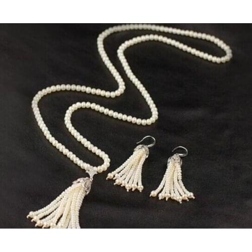 Fashion Natual 8-9mm White Round Freshwater Pearl With Tassel Necklace&Earrings