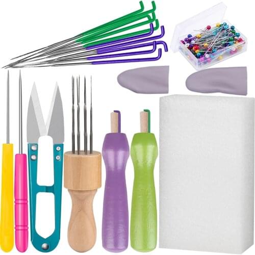 Nonvor Wool Felt Needle Tool Set with Wooden Handle Poke Color Poke Needle Scissors Awl Finger Set Yarn Scissors Positioning Pin